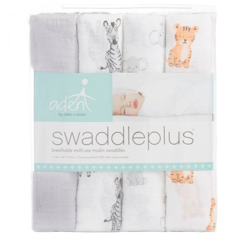  Aden + anais aden + anais Aden Swaddleplus Baby Swaddle Blanket, 100% Cotton Muslin, Large 44 X 44 inch, 4 Pack, Safari Babes