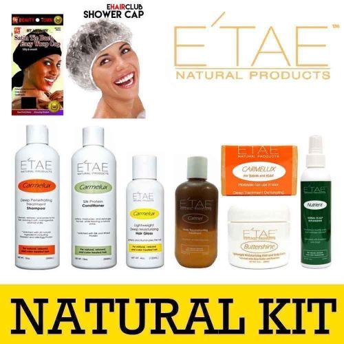  ETAE Natural Products Etae Natural Shampoo, Conditioner, Carmel Treatment, Buttershine, Gloss, Nutrient, Kids Shampoo (7) with eHairClub Shower Cap and Satin Cap