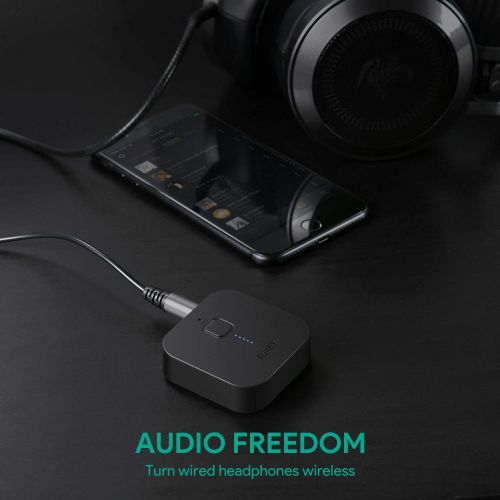  AUKEY Bluetooth 5 Receiver Wireless Audio Music Adapter A2DP with 18 Hours Playtime, Hands-Free Calling and 3.5mm Stereo Jack for Home and Car Audio System (Upgrade)