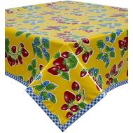 Freckled Sage Oilcloth Products Freckled Sage Strawberry Yellow Oilcloth Tablecloth with Navy Gingham Trim You Pick the Size 48x102