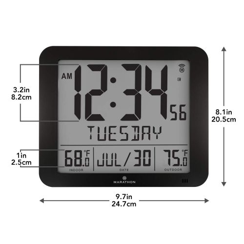  Marathon CL030027-FD-BK Slim Atomic Wall Clock with Full Calendar and Large Display and IndoorOutdoor Temperature (New Full Display, Color: Black)