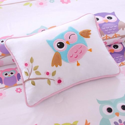  OV 8 Piece Girls Pink White Green Animal Print Pattern Comforter Set Full Sized with Sheets, Light Pink Sky Blue Purple Owl Little Birds Daisy Flower, Adorable Multi Kids Bedding Cont