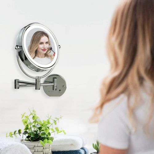  OVENTE Wall Mounted Vanity Makeup Mirror 8.5 Inch with 7X Magnification and Natural LED Lights, Double-Sided with Hardwired Electrical Connection, Distortion Free, Polished Chrome
