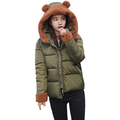  JESPER Women Winter Warm Down Coat Faux Fur Cute Bear Hooded Thick Slim Jacket Lightweight
