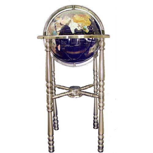  Unique Art Since 1996 Unique Art 36-Inch by 13-Inch Floor Standing Blue Lapis Gemstone World Globe with Silver 4-Leg Stand