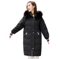 Queenshiny Womens Long Hooded Large Fox Fur Collar Warm Winter White Duck Down Coat Jacket
