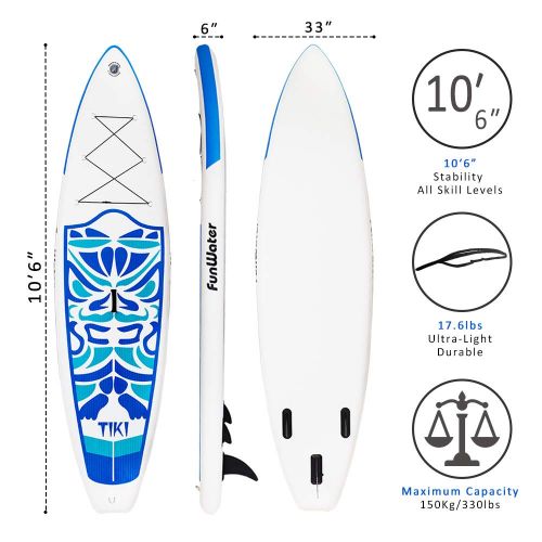  FunWater Inflatable 106×33×6 Ultra-Light (17.6lbs) SUP for All Skill Levels Everything Included with Stand Up Paddle Board, Adj Paddle, Pump, ISUP Travel Backpack, Leash, Repair Ki
