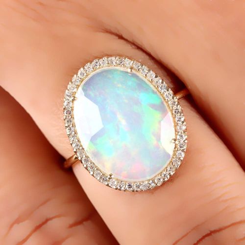  AnjisTouch Natural 2.23 Ct Opal Gemstone Cocktail Ring Solid 14k Yellow Gold Diamond Pave Wedding Fine Jewelry Special Gift