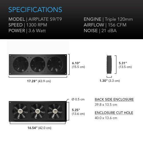  AC Infinity AIRPLATE T9, Quiet Cooling Fan System 18 with Thermostat Control, for Home Theater AV Cabinets