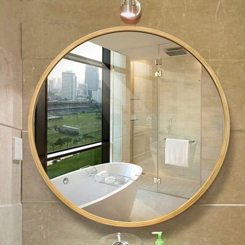 Mirror / Wooden Frame Round European Wall Hanging Bathroom Fashion HD (Size : 50cm)