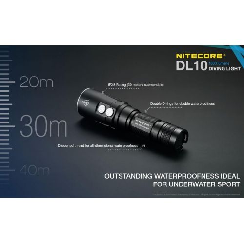  Nitecore DL10 1000 Lumen WhiteRed LED 30m Submersible Diving Flashlight for Underwater and Scuba with 2X Rechargeable Battery, UM20 Battery Charger, Lumen Tactical Battery Organiz