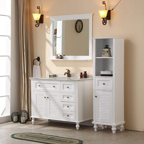  GUOWEI Mirror Wall-Mounted Floating Bathroom with Shelf High Definition Wooden Framed Makeup Ornate Vintage Rectangle, 2 Colors (Color : White, Size : 60x80cm)