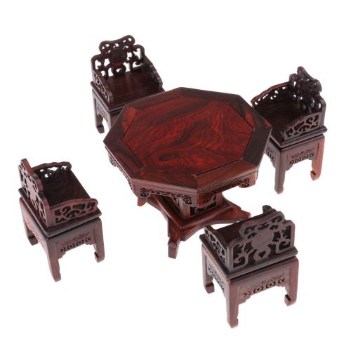  Prettyia Ancient Chinese Wooden Canopy Bed Bed W. Shelf & Tea Table Armchair Set Model 112 Doll House Fairy Home Accessory Decor Toy Collection