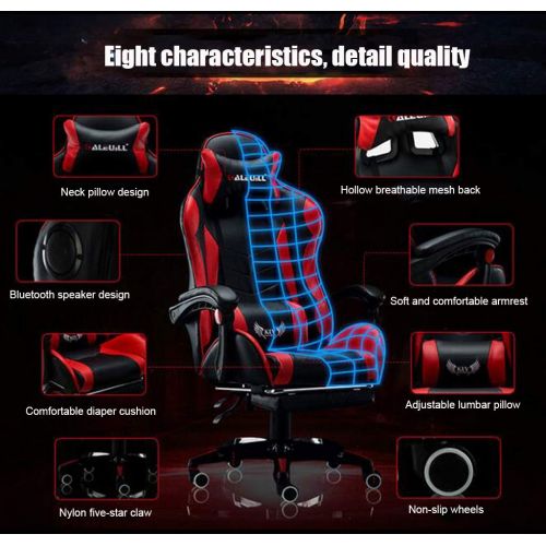  LJQ Ergonomic Gaming Chair,E-Sports Chair Height Adjustable Massage Lumbar Swivel Rocker Headrest Retractable Footrest Armrest High-Back,PC Recliner,Red