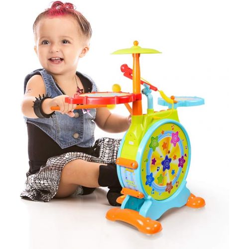  WolVol Electric Big Toy Drum Set for Kids with Movable Working Microphone to Sing and a Chair - Tons of Various Functions and Activity, Bass Drum and Pedal with Drum Sticks (Adjust