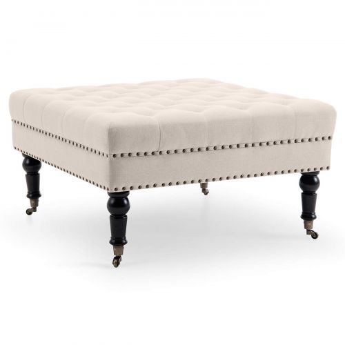  Belleze Square Ottoman Large Tufted Button Linen Fabric Bench Foot Nailhead Trim Stool with Rolling Wheels, Charcoal