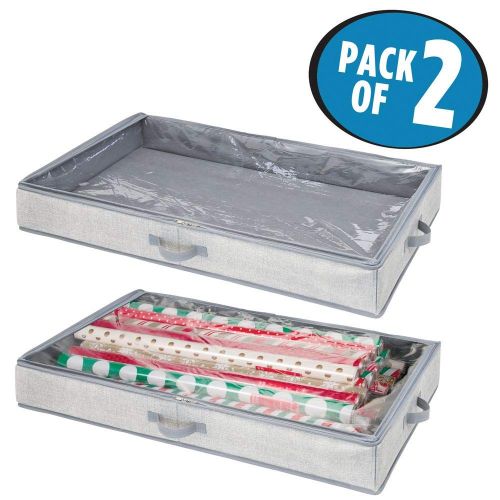  MDesign mDesign Soft Fabric Gift Wrap Storage Organizer Holder Box - Low Profile, Easy-View Clear Top Panel, Attached 2-Way Zippered Lid, Side Handles, Stores Long Rolls of Gift Wrap - 2 P
