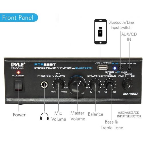 Bluetooth Mini Home Audio Amplifier - Compact Desktop Home Theater Stereo Amplifier Receiver with USB Charge Port | Pager & Mixer Karaoke Modes | Mic Input (40 Watt x 2) | Pyle PTA