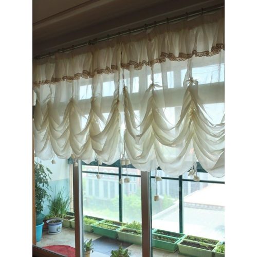  YOUSA Creamy White Balloon Curtains Sheer Curtain Lace Ruffle Tie-Up Roman Curtain Valance 110W x 63L