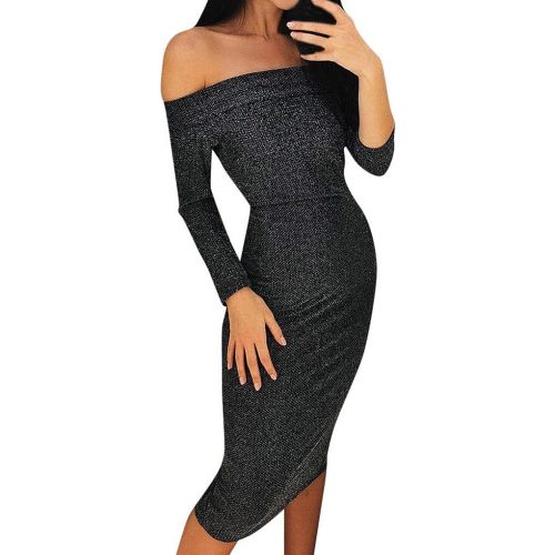  WWricotta Womens Sexy Solid Off Shoulder Long Sleeve Party Bodycon Slim Maxi Long Dress