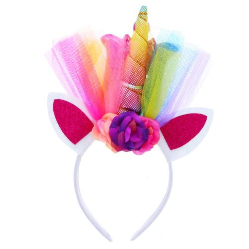  Attitude Studio Rainbow Unicorn Costume, Hot Pink Ruffled Top, Colorful Tutu Skirt, Glitter Flower Horn Ears Head Band - Pretend Play Halloween Birthday Party - Tulle Dress Up, Lit