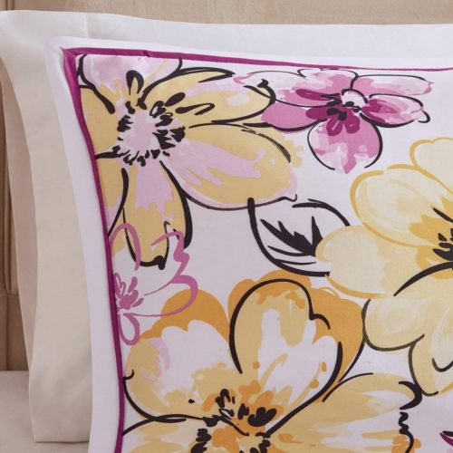  OS 5 Piece Girls Floral Themed Comforter King Cal King Set, Pretty Abstract Flower Pattern, Beautiful All Over Summer Bedding, Colorful Flowers, White Light Pink Yellow Sky Blue La
