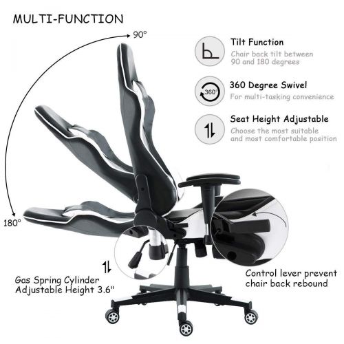  NanaPluz BlackWhite Rolling Office Racing Recliner Gaming Chair High Back Seat wRetractible Footrest with Ebook