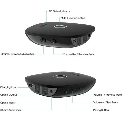  [아마존 핫딜] [아마존핫딜]AUKEY Bluetooth 5 Transmitter Receiver, Wireless Audio Adapter with aptX Low Latency, Dual Links for for Headphones, TVs, Home Stereo Systems and More