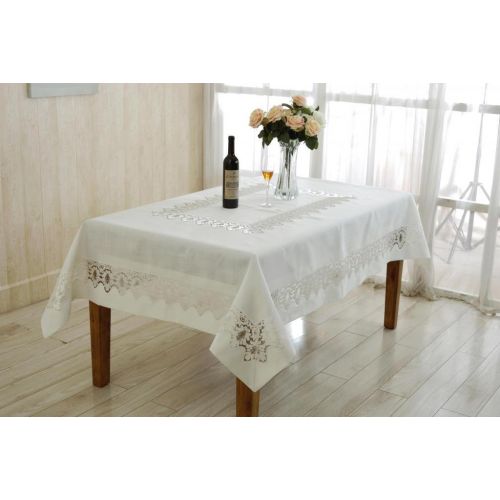  Violet Linen Versalies Embroidered Vintage Lace Design Oblong/Rectangle Tablecloth, 70 x 120, Cream