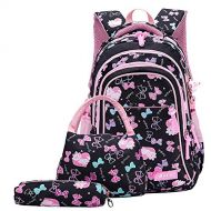 Fanci 3Pcs Bowknot Cat Prints Elementary Girls School Bookbag Rucksack for Primary Girls School Backpack Set with Lunch Kits