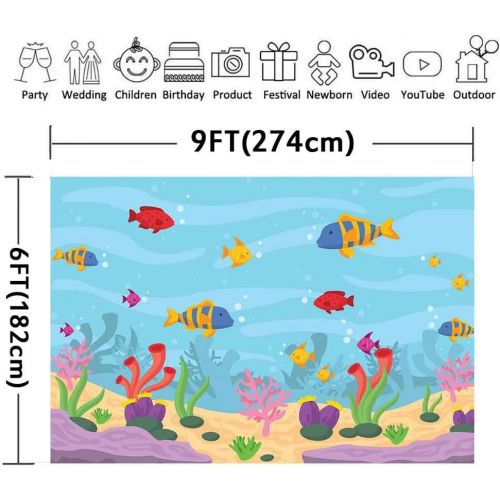  Cartoon Underwater World Backdrops for Photography 9x6FT Fish Coral Seabed Photo Backgrounds Children Marine Theme Party Banner Photo Booth Props LUCKSTY LULF538