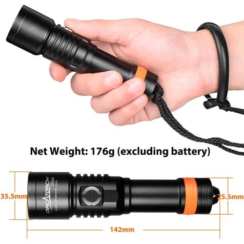  ORCATORCH D530 Dive Light, 1050 Lumens, 5 Degrees Narrow Beam Angle, Titanium Alloy Side Button Switch, 2 Lighting Modes, with USB Battery, Battery Indicator, for Underwater 150 Me
