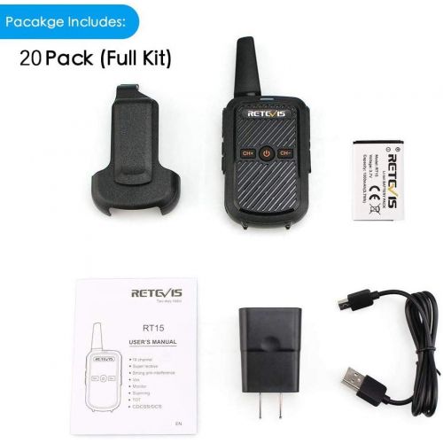  Retevis RT15 Walkie Talkies Rechargeable with Charger UHF 16 Channel VOX Scrambler Security 2 Way Radios(20 Pack)