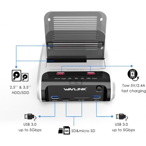  WAVLINK USB 3.0 to SATA Dual Bay Hard Drive Docking Station with Offline Clone Function for 2.5”3.5” SATA HDD SSD, Support Fast Charger and TF & SD Card (2X 10TB)