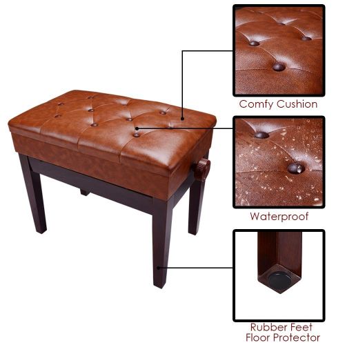  AW Piano Bench Stool Adjustable Height Leather Padded Wooden Keyboard Seat with Music Storage Brown