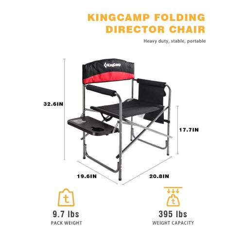  Guide KingCamp Heavy Duty Camping Folding Director Chair Oversize Padded Seat with Side Table and Side Pockets, Supports 396 lbs