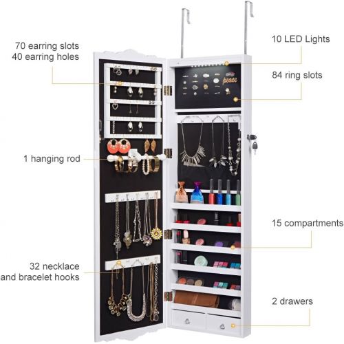  LANGRIA 10 LEDs Wall Door Mounted Jewelry Cabinet Lockable Jewelry Armoire Storage Organizer for Accessories, Carved Design, 2 Drawers, 3 Adjustable Heights, White
