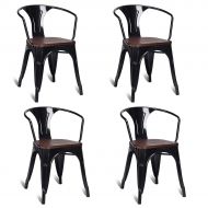 COSTWAY Costway Tolix Style Dining Chairs Industrial Metal Stackable Armrest Chairs Bistro Metal Wood Furniture, Set of 4 (Black)