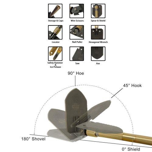  EAG Military Folding Shovel - Multi Purpose Tool Golden Stainless Steel Shovel for Camping Hiking Gardening - with Carrying Pouch