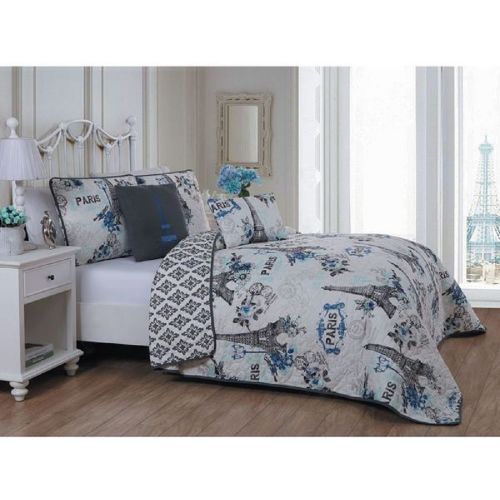 Avondale 5 Piece Girls Blue Love Paris Themed Quilt Queen Set, Beautiful All Over Floral Eiffel Tower Bedding, Cute Multi Rose Flowers France Inspired, Girly Flower Patchwork Background Pat