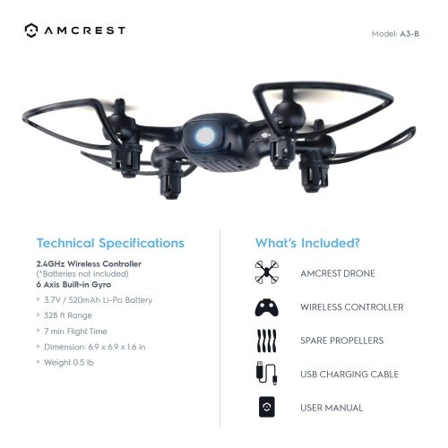  Amcrest Skylight Mini-Drone w/LED Light, Training Drone for Kids & Beginners, RC Helicopter Drone with Remote Control, Headless Mode, Altitude Hold, Stunt Flip (A3-B) Black