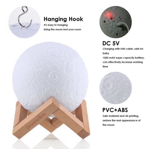  GreenClick 3D Moon Lamp,Dimmable Night Light for Kids,3 Color Hangable Home Decorative Light with Touch Control,5.1Inch