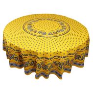 Le Cluny French Linens Le Cluny, Lisa Yellow with French Blue,French Provence 100 Percent COATED Cotton Tablecloth, 70 Round
