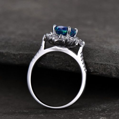  BBBGEM Opal engagement ring 6x8mm Oval Dark Blue Green Opal Simulated Diamond Halo Ring Floral Vintage Anniversary Gift White gold plated