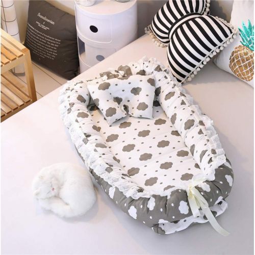  Abreeze Grey Clouds Baby Bassinet for Bed -Baby Lounger - Breathable & Hypoallergenic Co-Sleeping Baby Bed - 100% Cotton Portable Crib for Bedroom/Travel