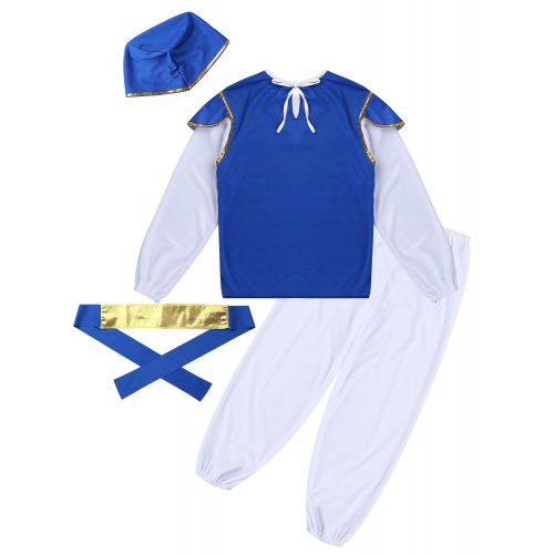  Iiniim iiniim Kids Boys Arabian Prince Costumes Halloween Sultan Cosplay Outfit Long Sleeves Shirt Tops with Pants Belt Hat White&Blue 4-6