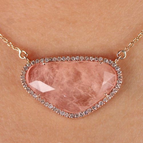  AnjisTouch Solid 14k Rose Gold Genuine Pave Diamond Morganite Gemstone Charm Pendant Wedding Unique Necklace Handmade Fine Jewelry Gift For Her