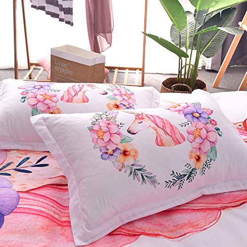  KomForme WINLIFE Pink Unicorn Print Duvet Cover Set Floral Pattern Granddaughter, Girls Gift Bedding Set King A