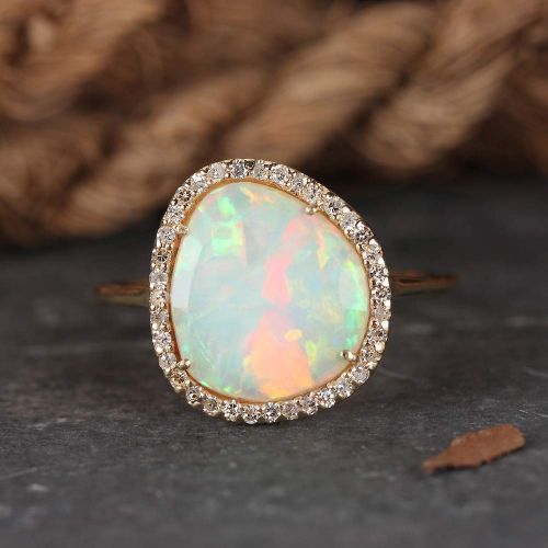  AnjisTouch Genuine Pave Diamond Opal Cocktail Ring Solid 14k Yellow Gold Gemstone Unique Wedding Fine Jewelry Special Gift