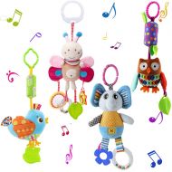 4 Piece Baby Stroller Toy Sensory Musical Toys for 0, 3, 6, 9, 12 Months, Sealive Soft Rattles Hanging Plush Activity Crib Car Seat Toys for Babies Boy Girl